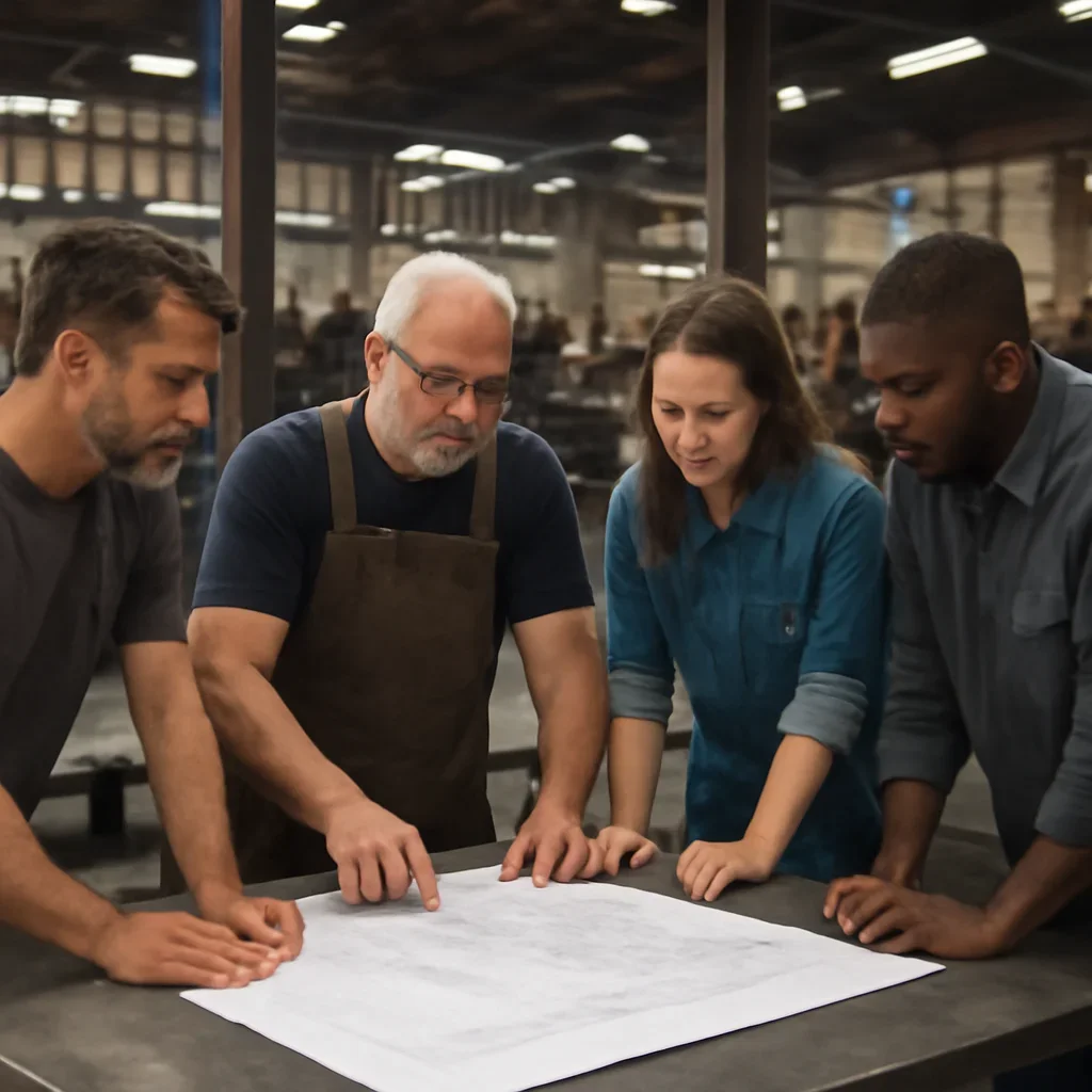 Team reviewing drawings for about at a fabrication workspace