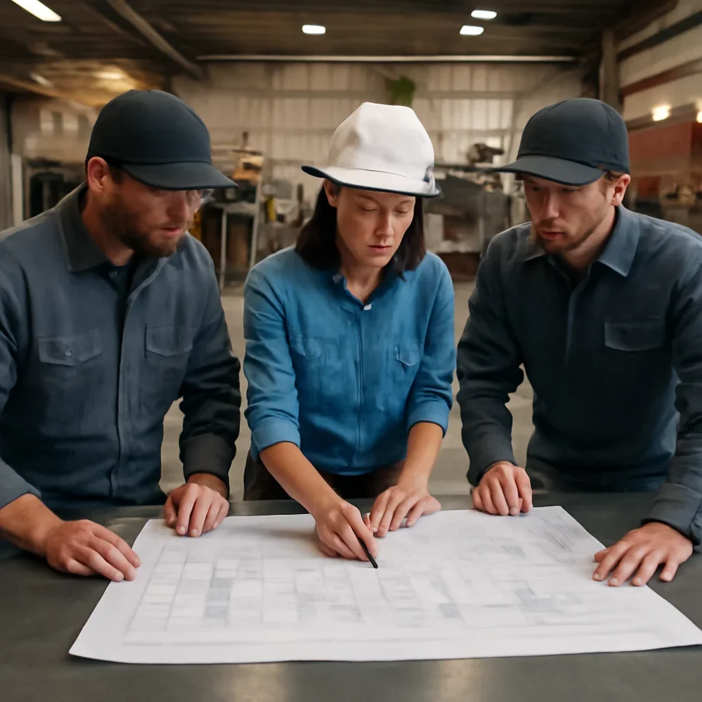 Team reviewing drawings for architectural sheet metal & roof details at a fabrication workspace