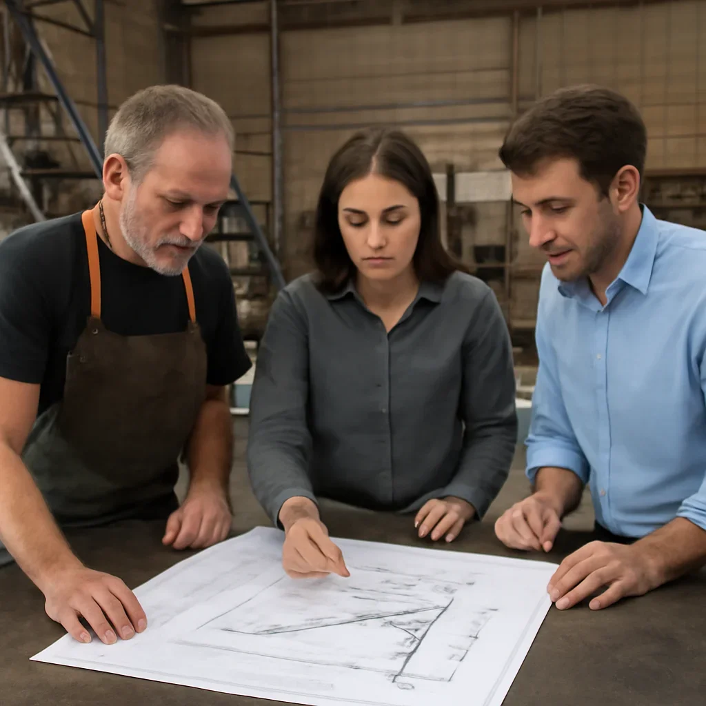 Team reviewing drawings for commercial railings & stairs at a fabrication workspace