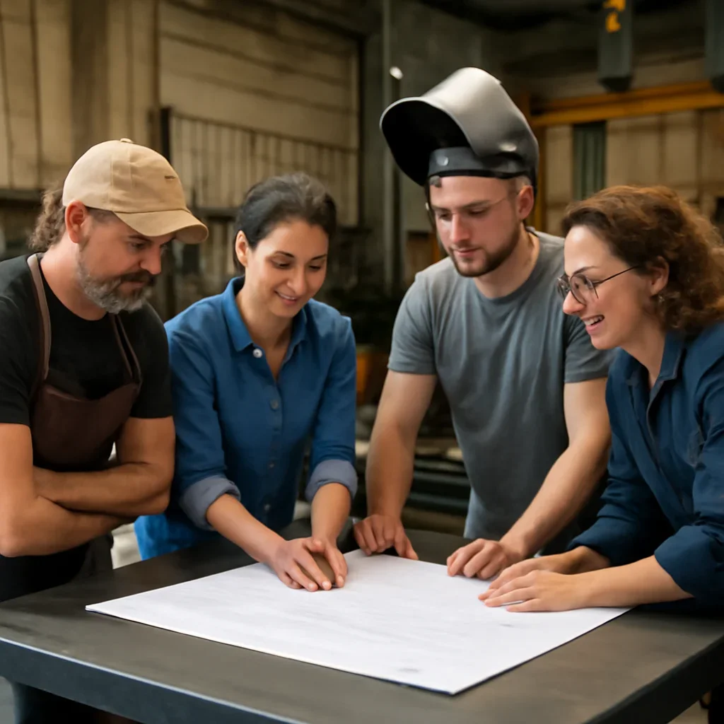 Team reviewing drawings for case studies at a fabrication workspace
