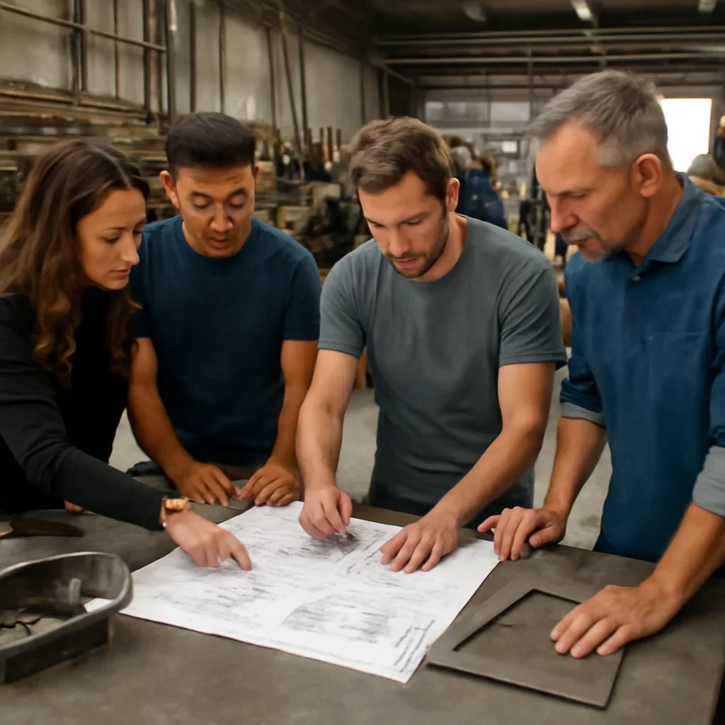 Team reviewing drawings for custom brackets & signage at a fabrication workspace