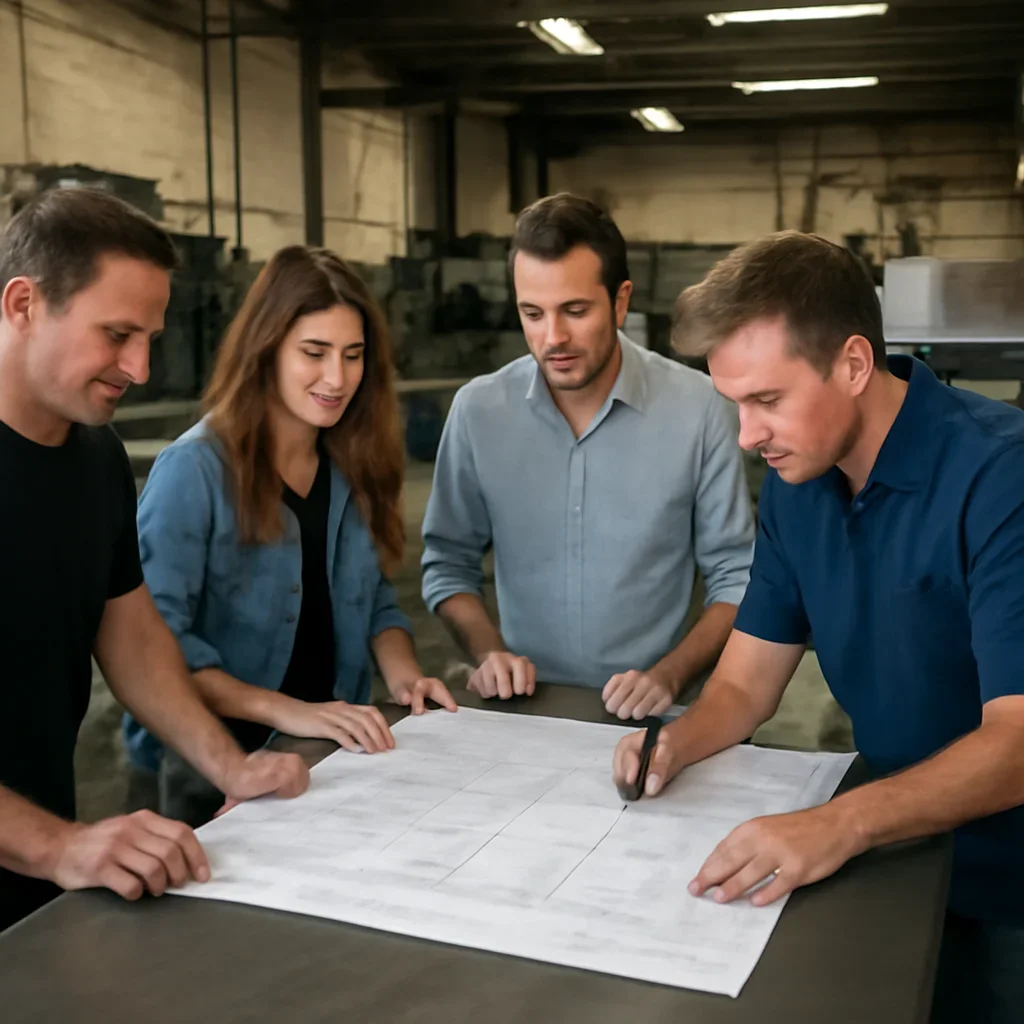 Team reviewing drawings for restaurant hoods & exhaust at a fabrication workspace