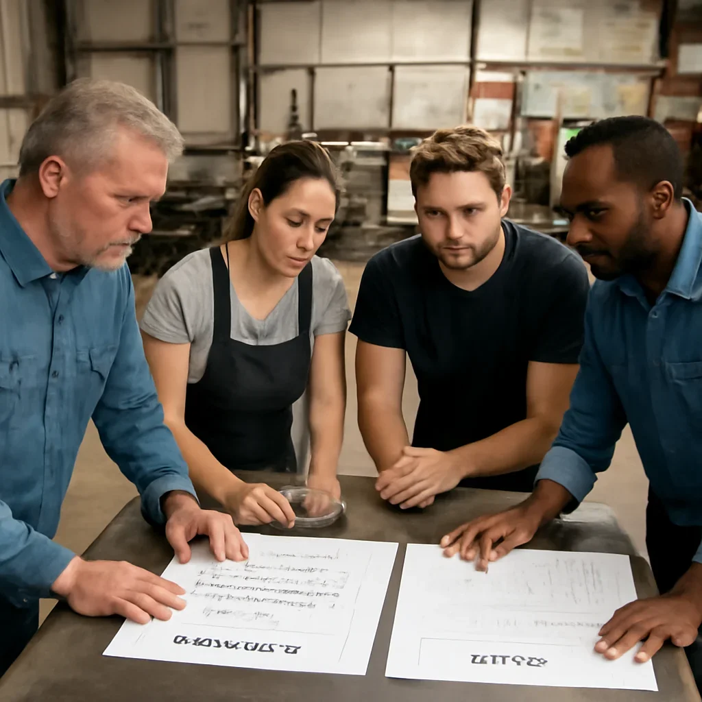 Team reviewing drawings for aluminum vs steel for outdoor projects at a fabrication workspace