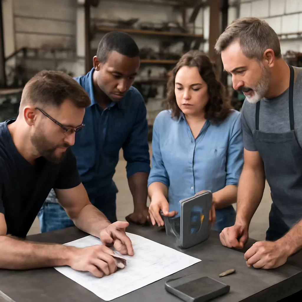 Team reviewing drawings for custom fabrication vs off-the-shelf at a fabrication workspace
