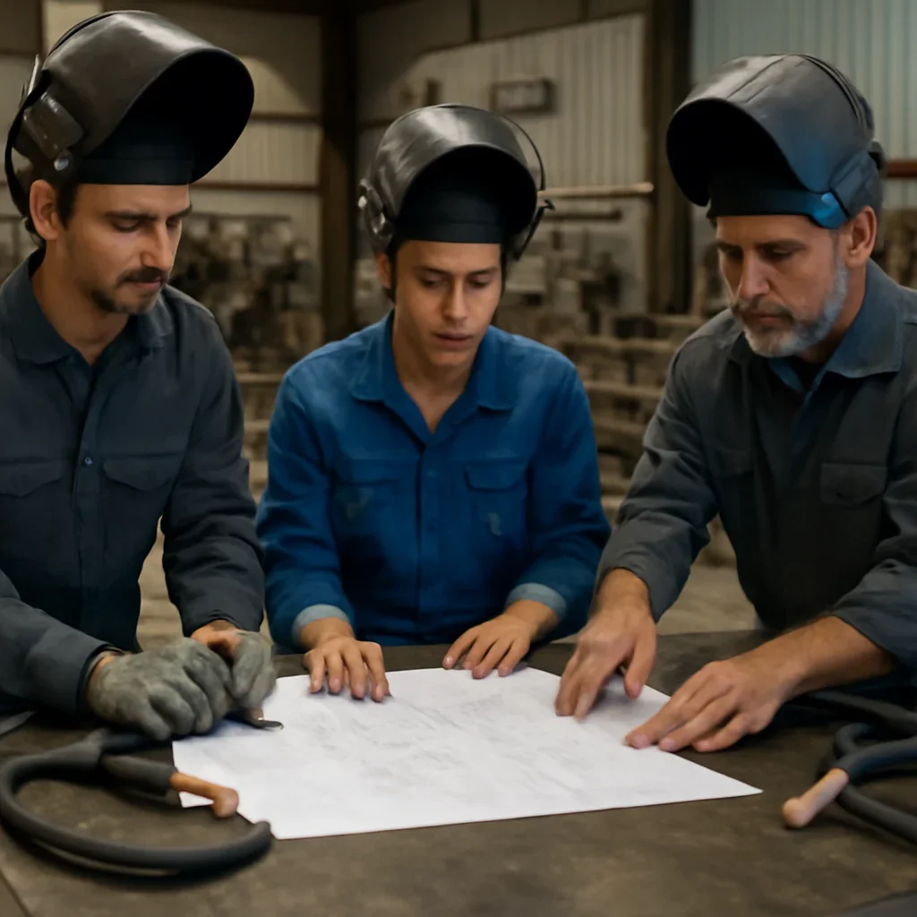 Team reviewing drawings for mig vs tig welding at a fabrication workspace