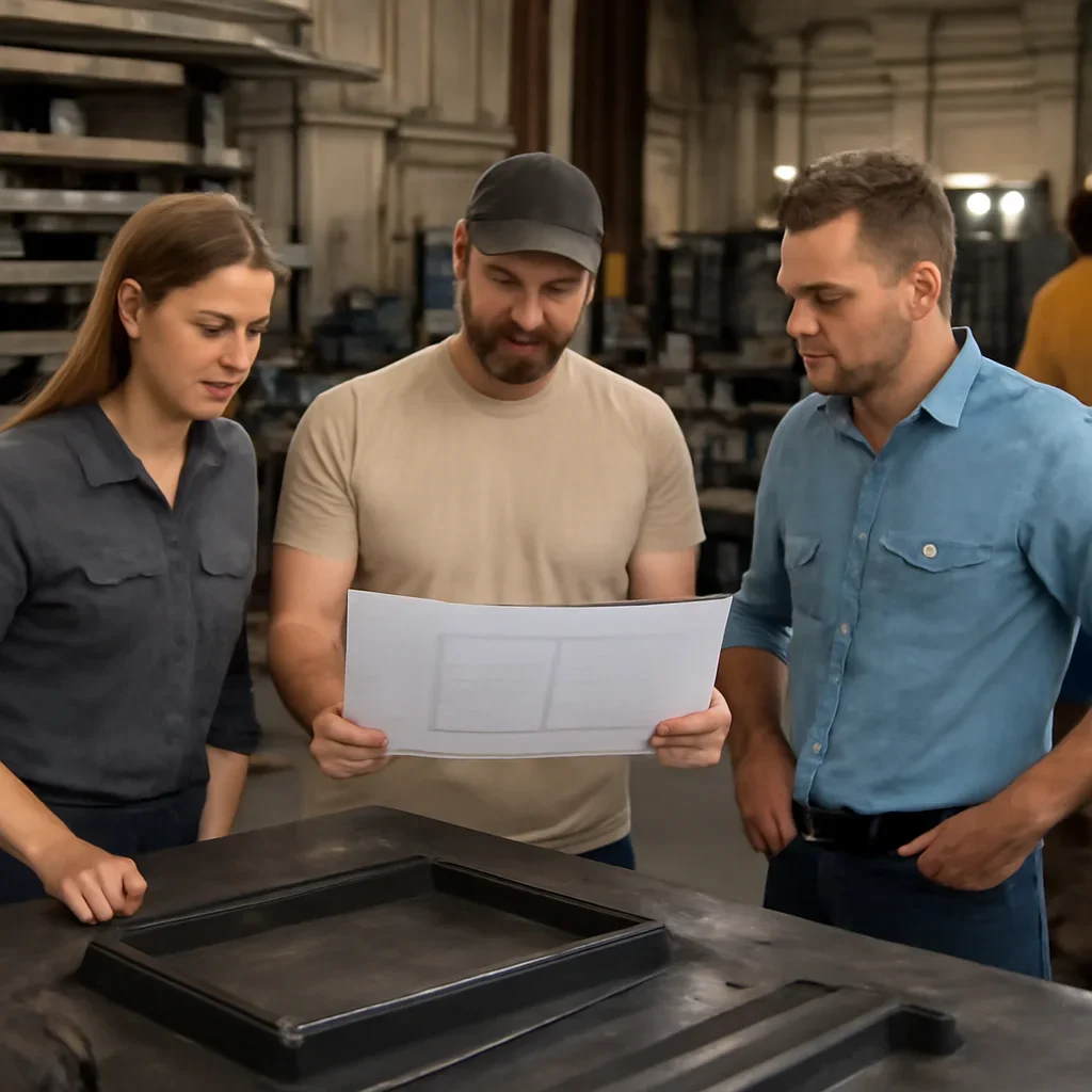 Team reviewing drawings for powder coating vs paint at a fabrication workspace