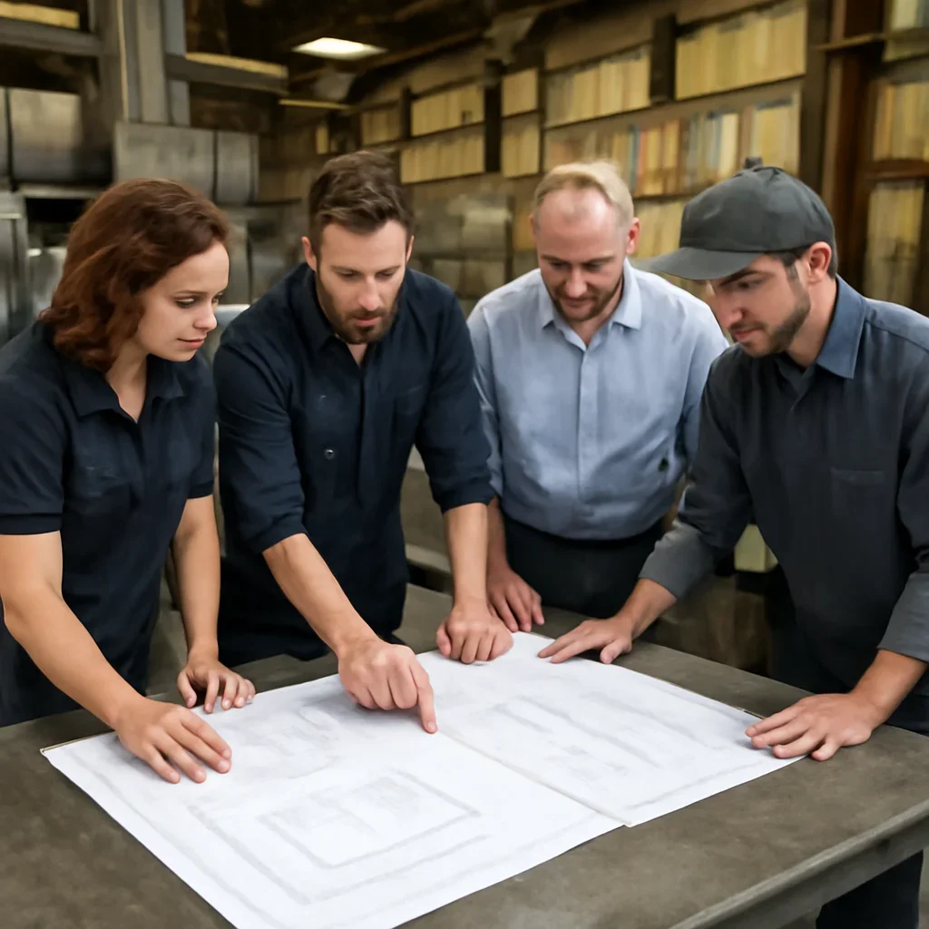 Team reviewing drawings for sheet metal vs plate fabrication at a fabrication workspace