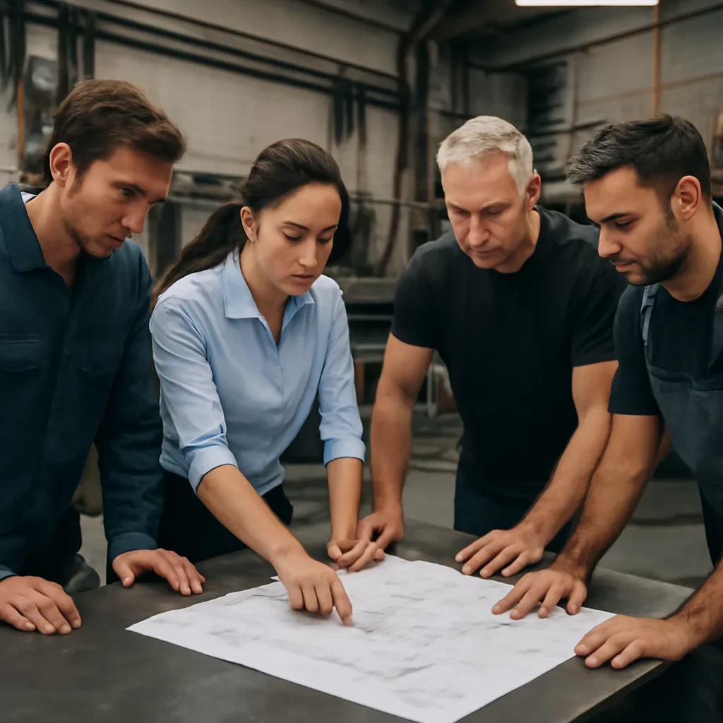 Team reviewing drawings for contact at a fabrication workspace