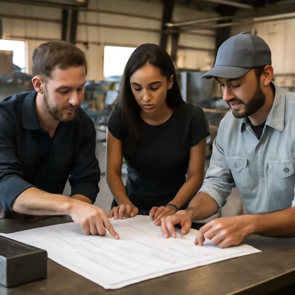 Team reviewing drawings for architectural sheet metal at a fabrication workspace