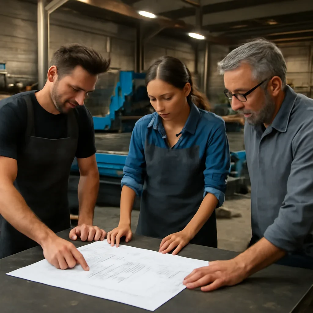 Team reviewing drawings for cnc plasma cutting at a fabrication workspace