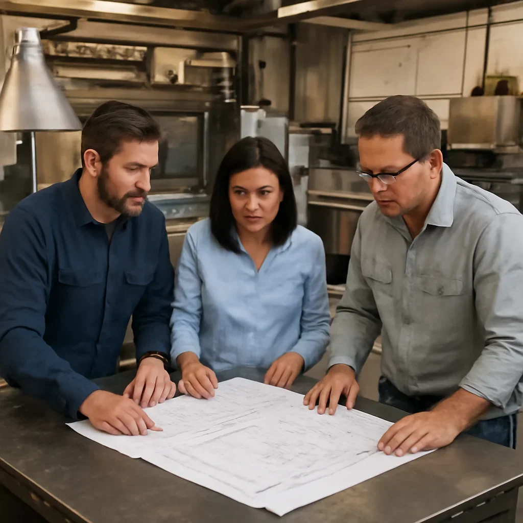 Team reviewing drawings for commercial kitchen exhaust & hoods at a fabrication workspace