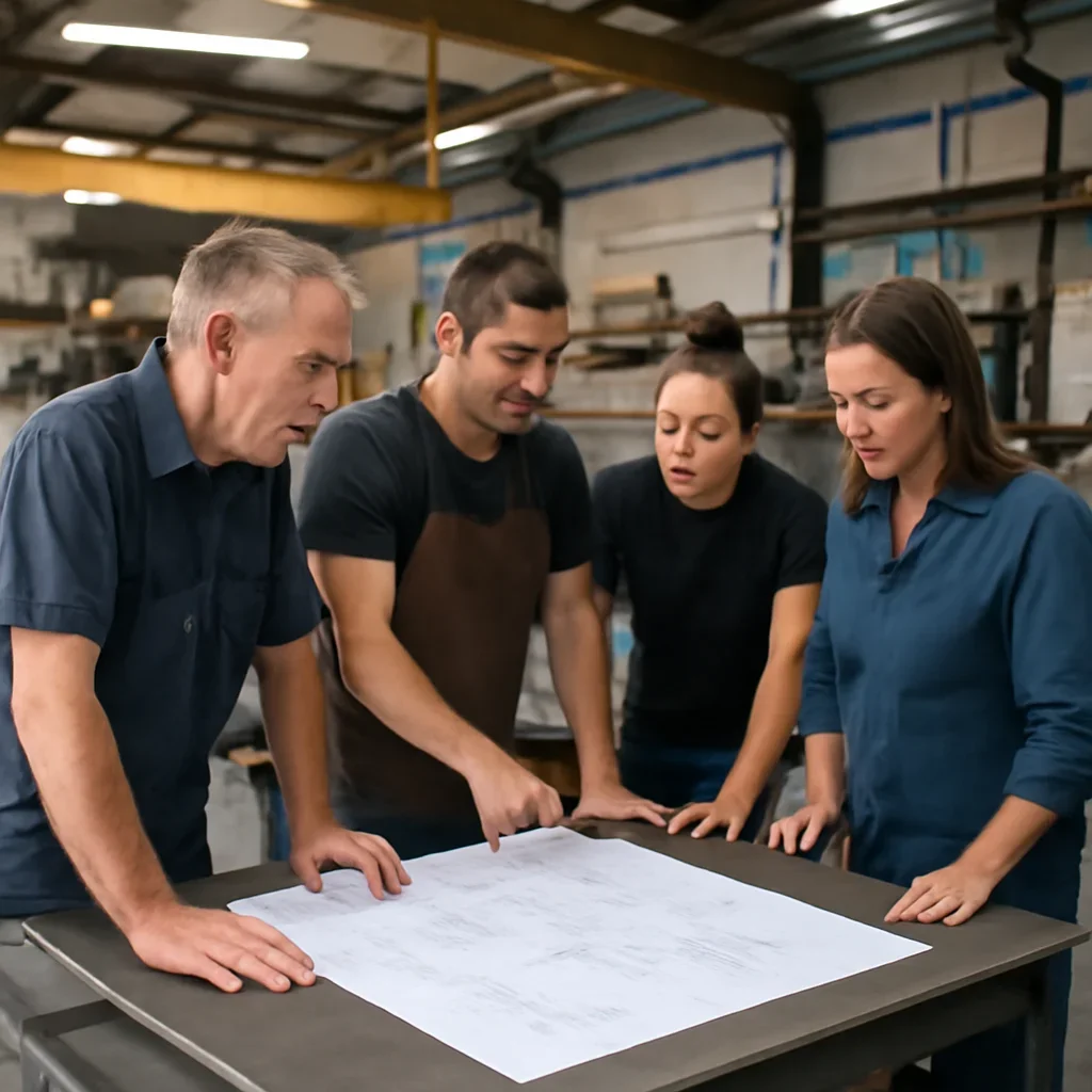 Team reviewing drawings for features at a fabrication workspace