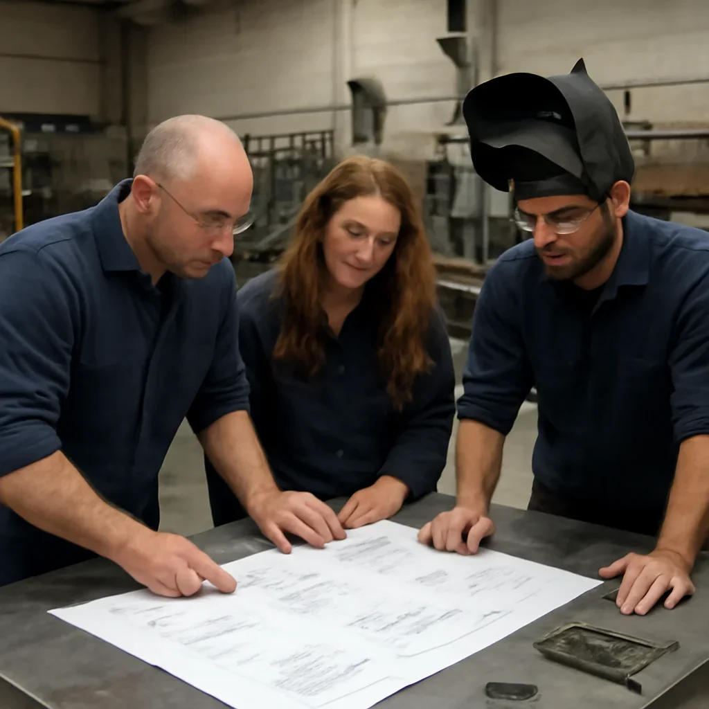 Team reviewing drawings for custom brackets & mounts at a fabrication workspace