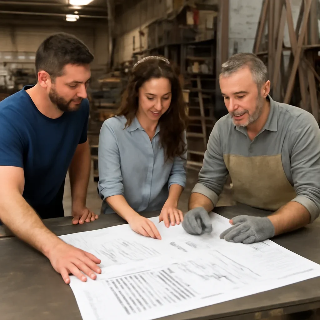 Team reviewing drawings for custom gates & fences at a fabrication workspace
