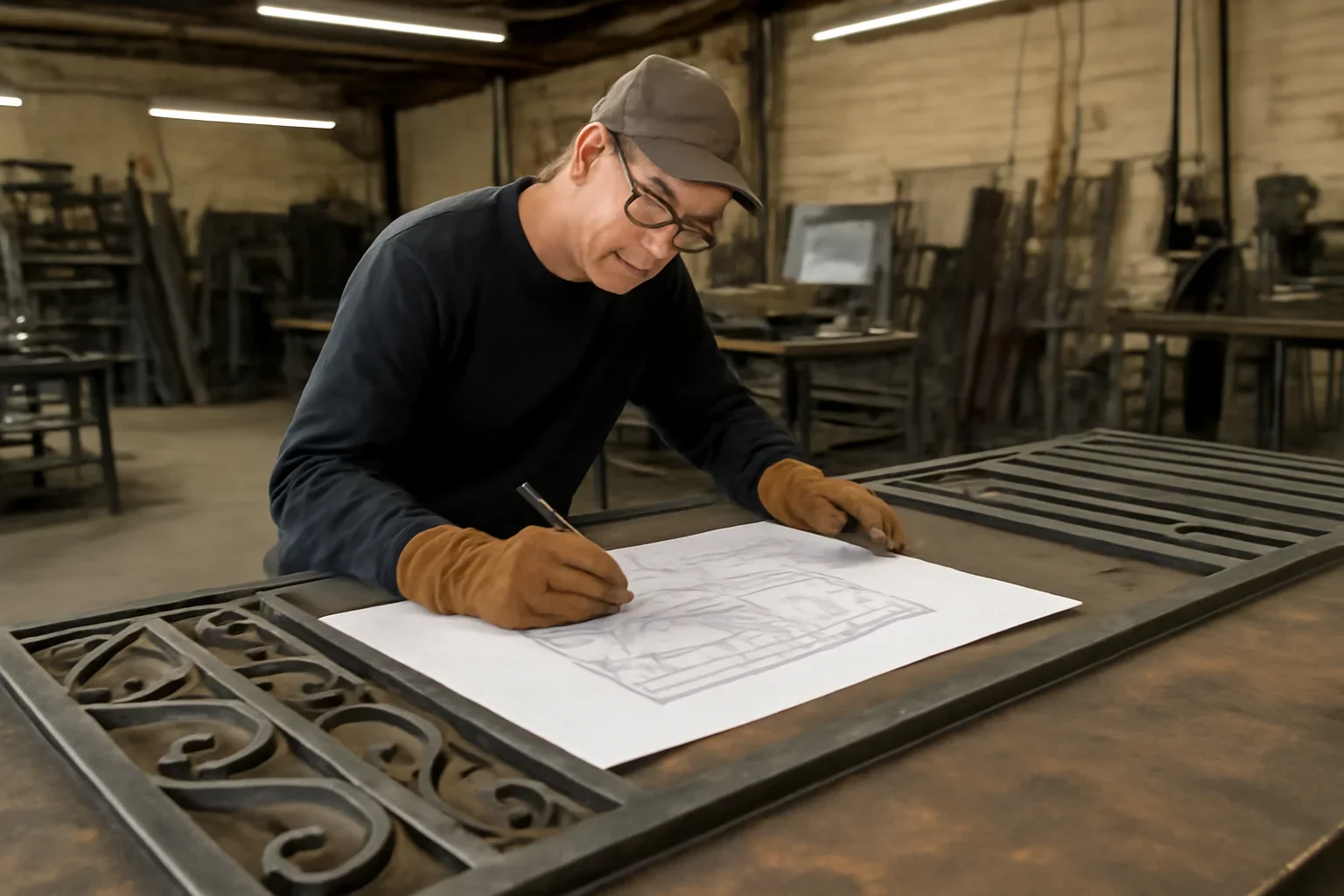 Custom Gates & Fences project planning at a custom metal fabrication shop