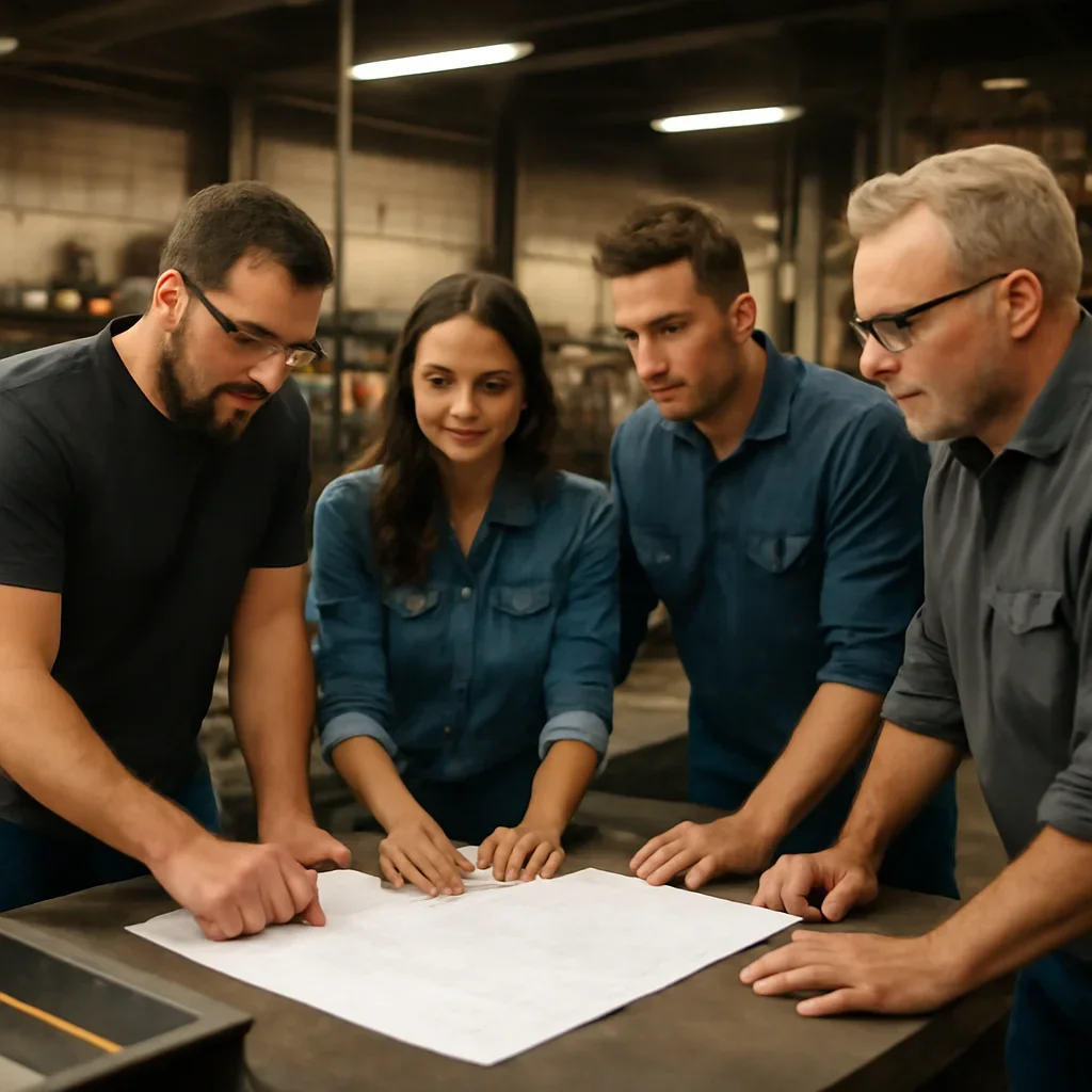 Team reviewing drawings for custom metal fabrication at a fabrication workspace