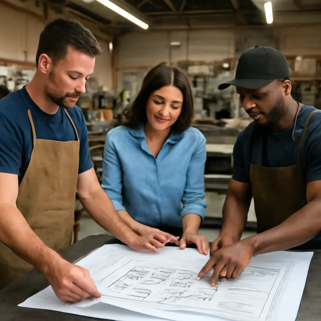 Team reviewing drawings for custom metal signs at a fabrication workspace