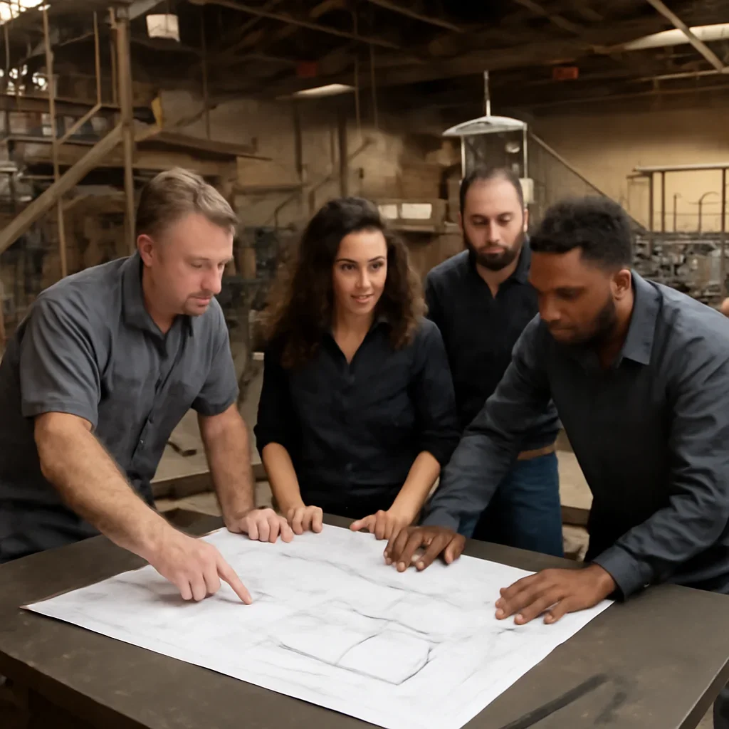 Team reviewing drawings for custom railings & staircases at a fabrication workspace