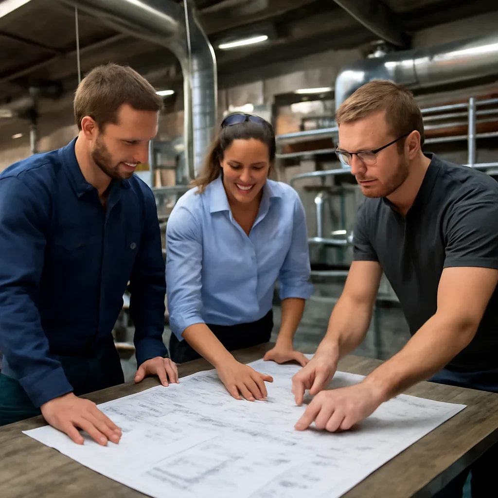 Team reviewing drawings for ductwork & hvac sheet metal at a fabrication workspace