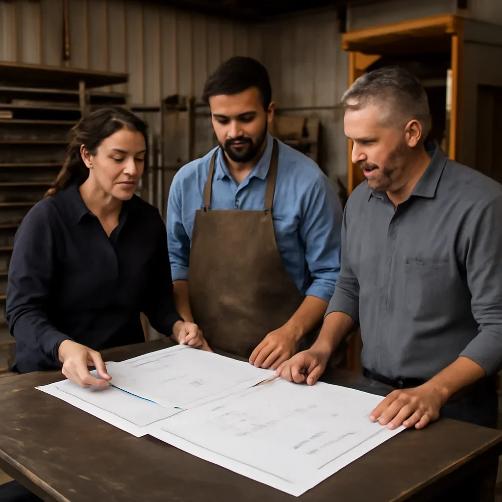 Team reviewing drawings for finishing & powder coating at a fabrication workspace