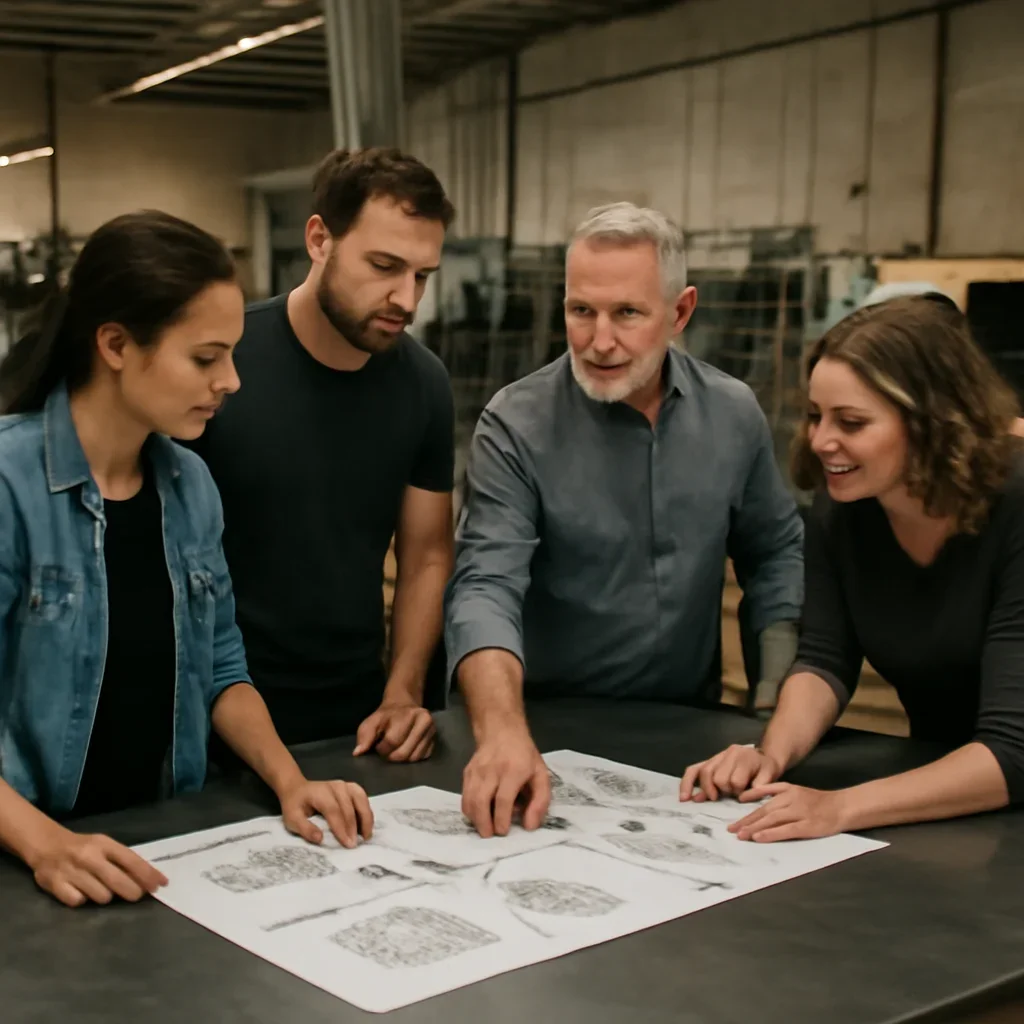 Team reviewing drawings for laser cutting at a fabrication workspace
