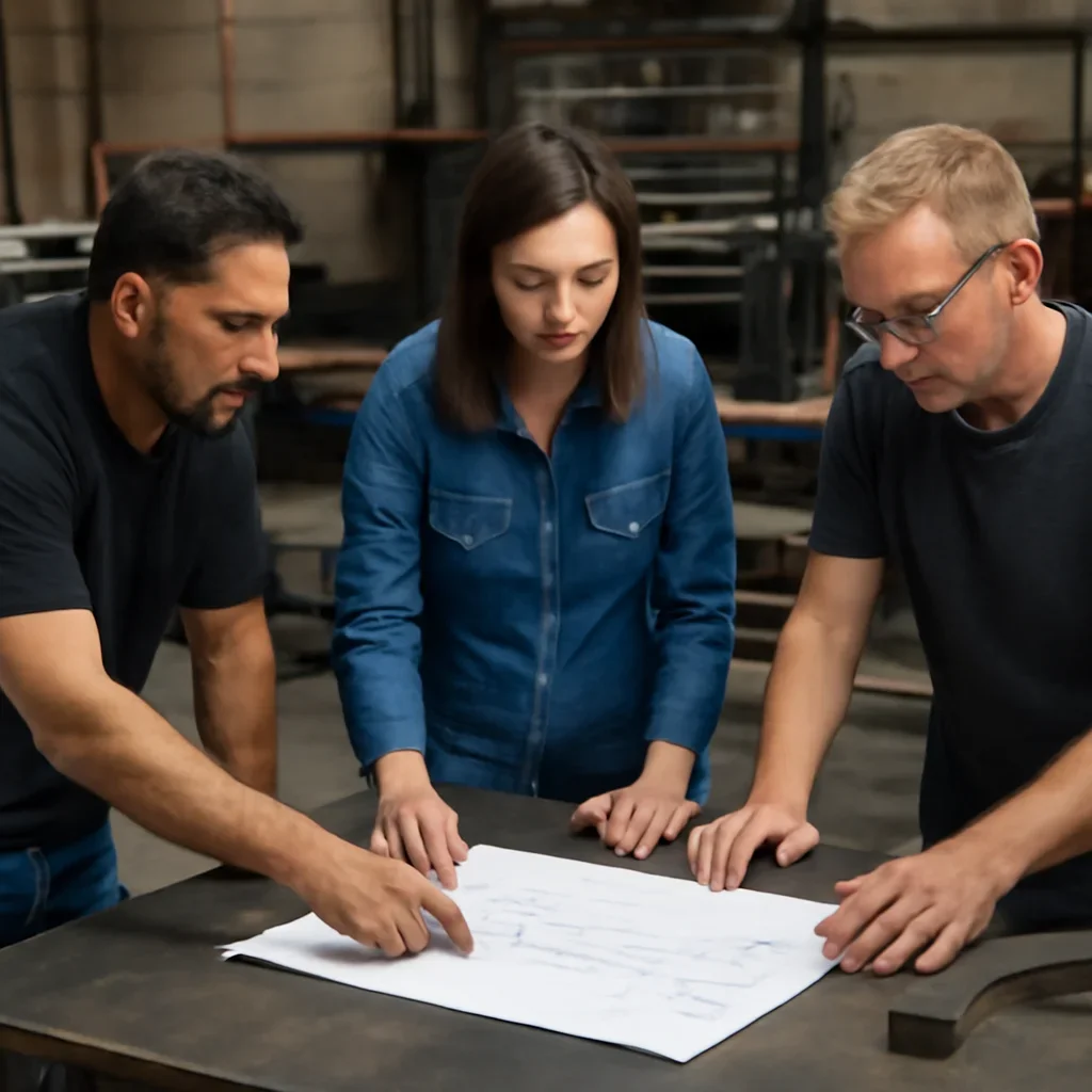 Team reviewing drawings for metal bending & forming at a fabrication workspace