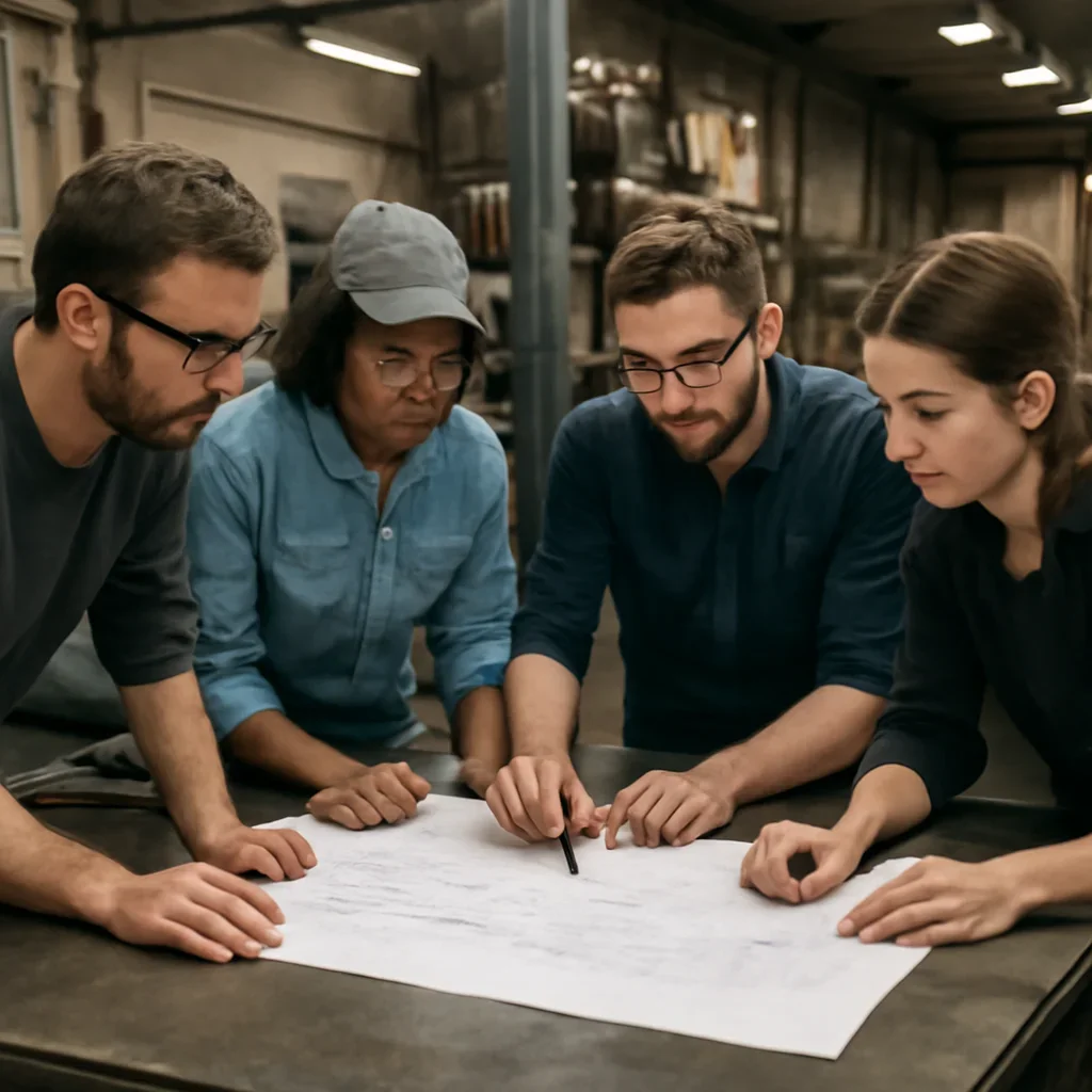 Team reviewing drawings for prototyping & design at a fabrication workspace