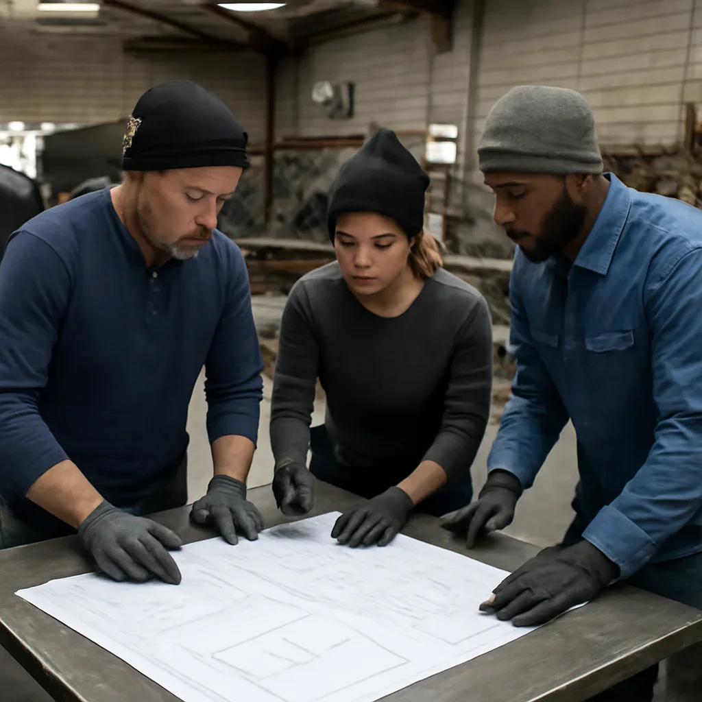 Team reviewing drawings for sheet metal fabrication at a fabrication workspace