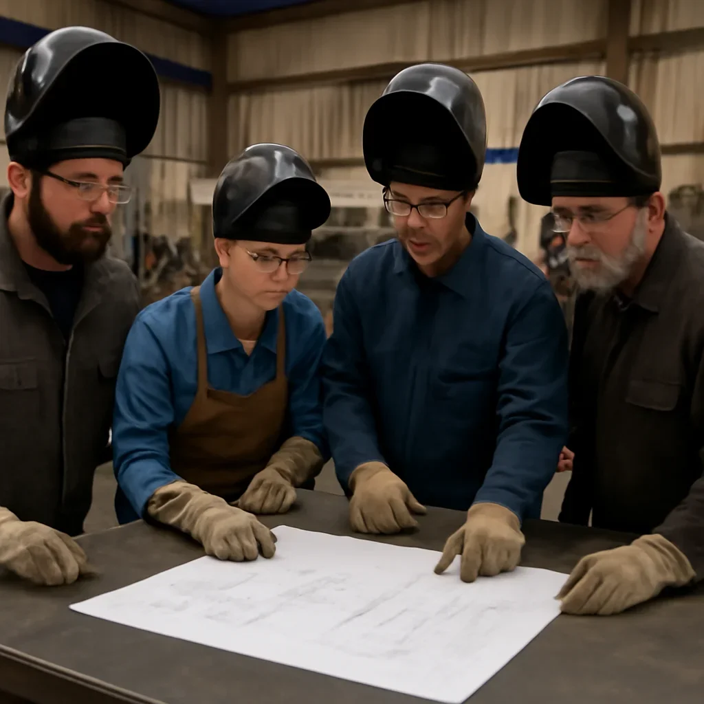 Team reviewing drawings for welding services at a fabrication workspace