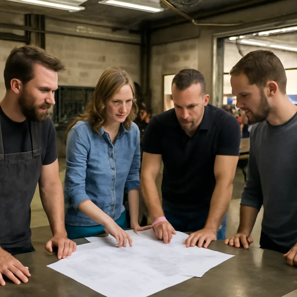 Team reviewing drawings for gallery at a fabrication workspace