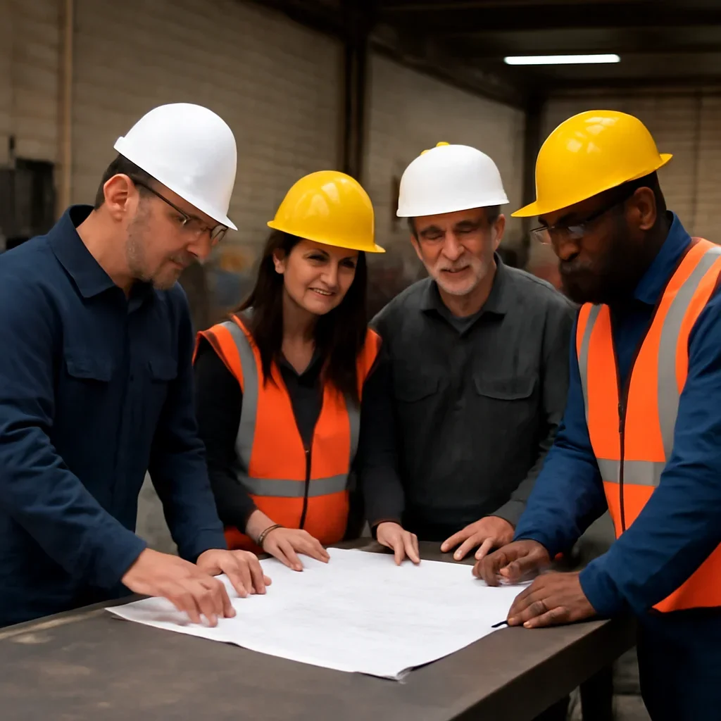 Team reviewing drawings for construction at a fabrication workspace