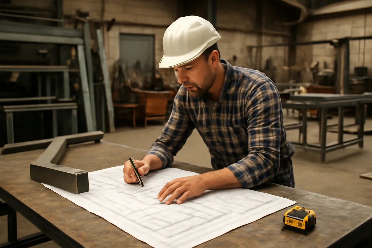 Construction project planning at a custom metal fabrication shop