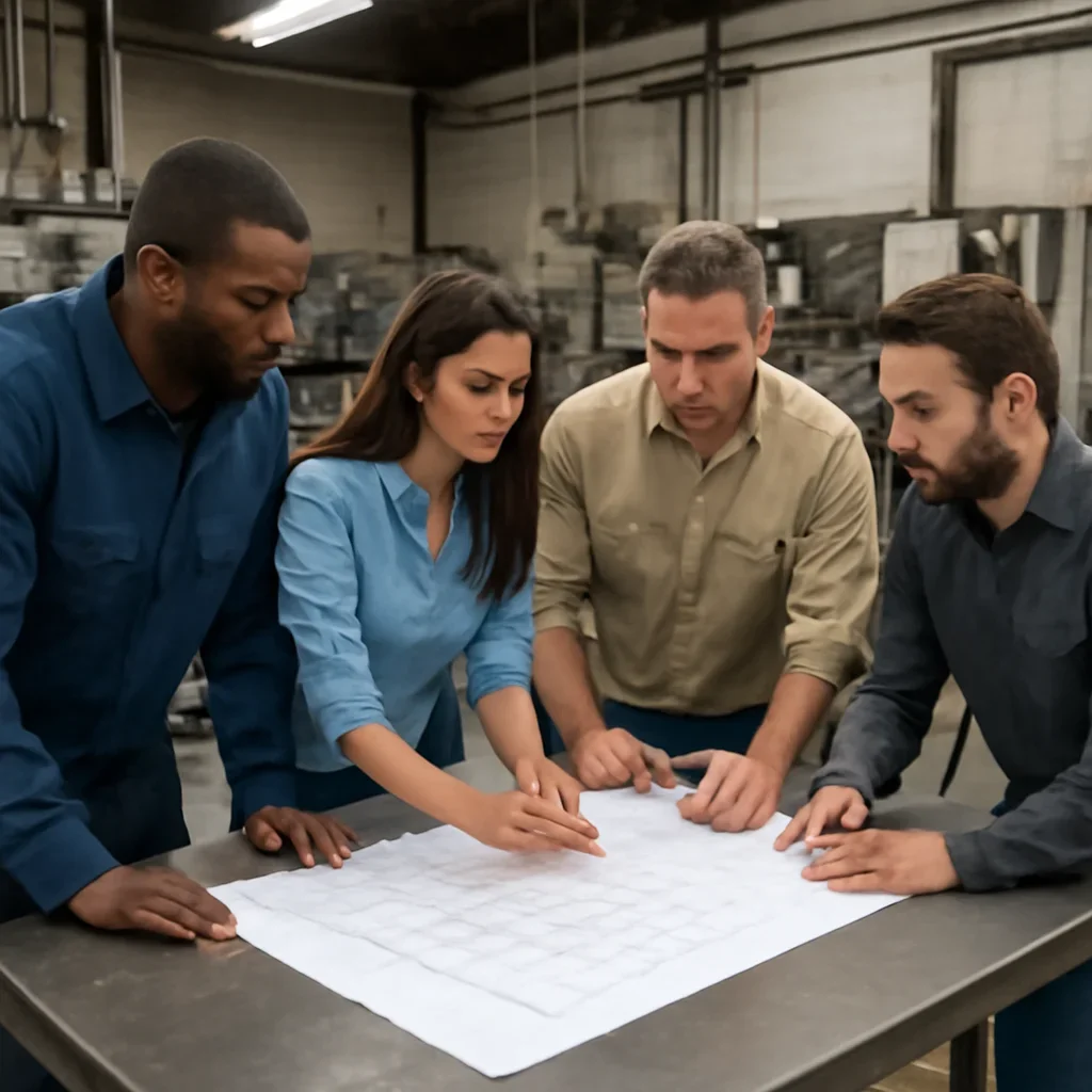 Team reviewing drawings for hvac & mechanical at a fabrication workspace