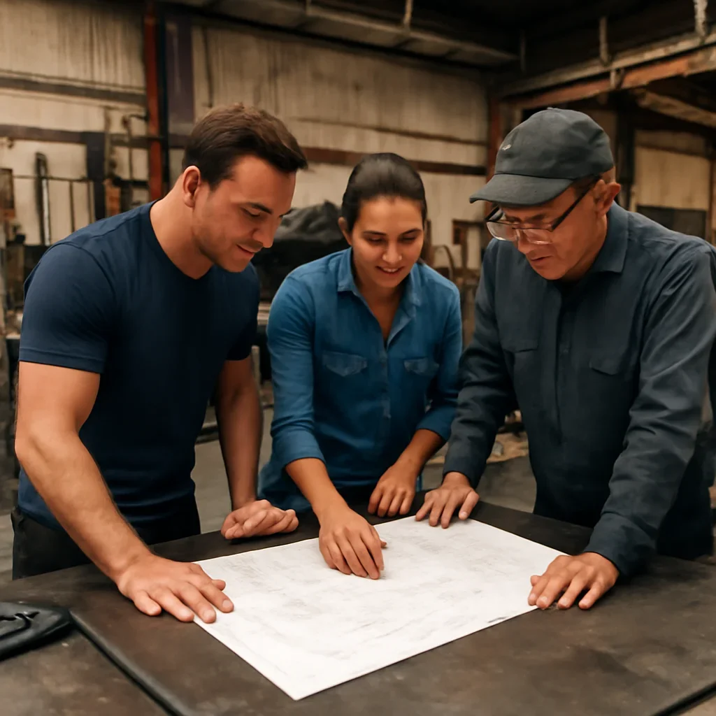 Team reviewing drawings for manufacturing at a fabrication workspace