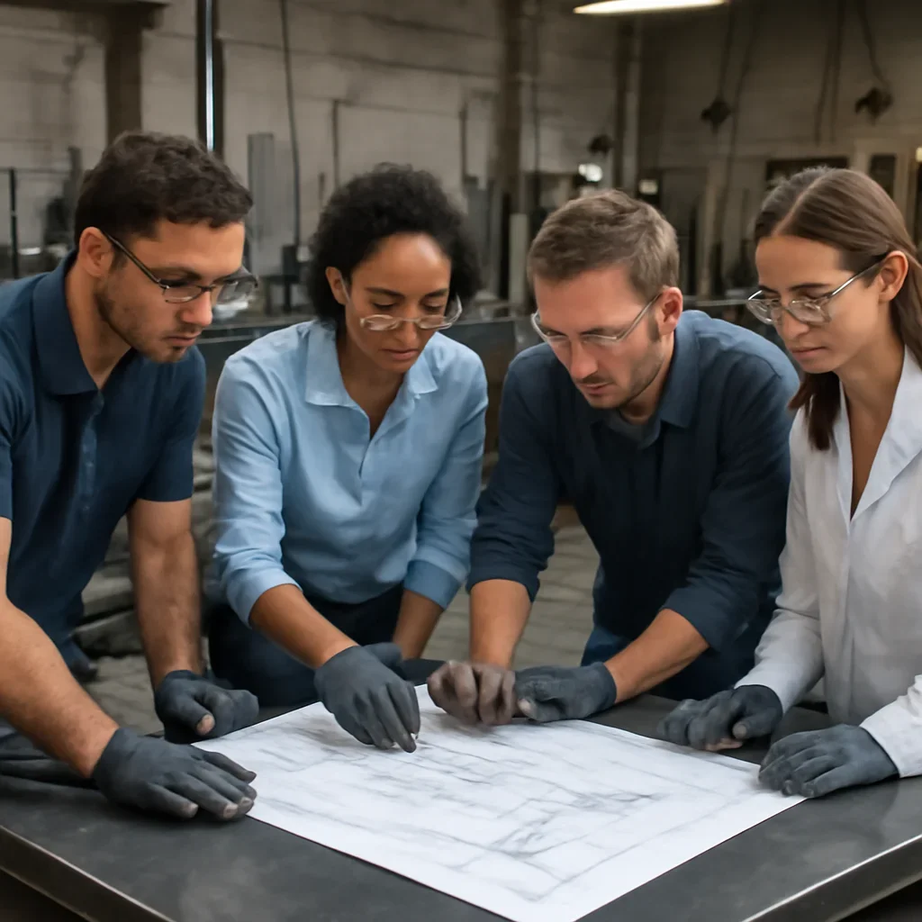 Team reviewing drawings for medical & lab at a fabrication workspace