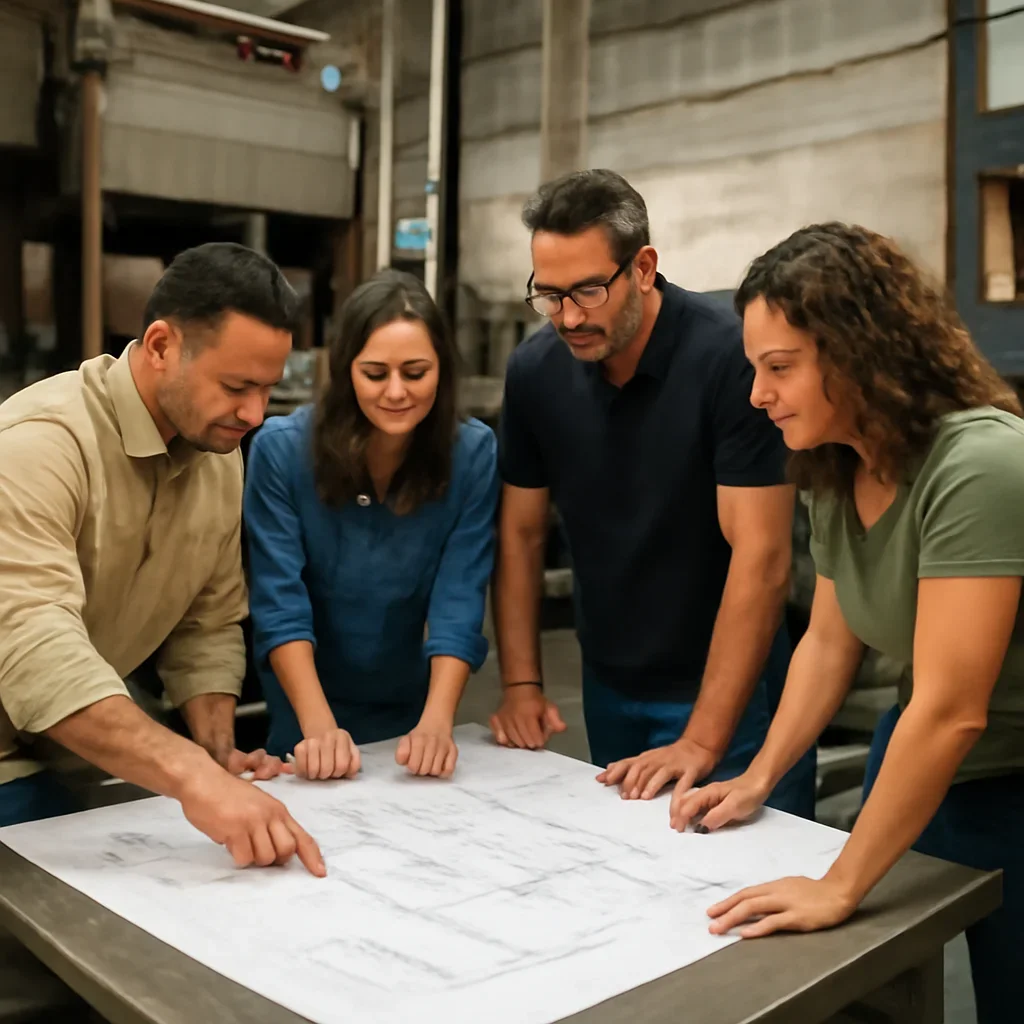 Team reviewing drawings for residential at a fabrication workspace
