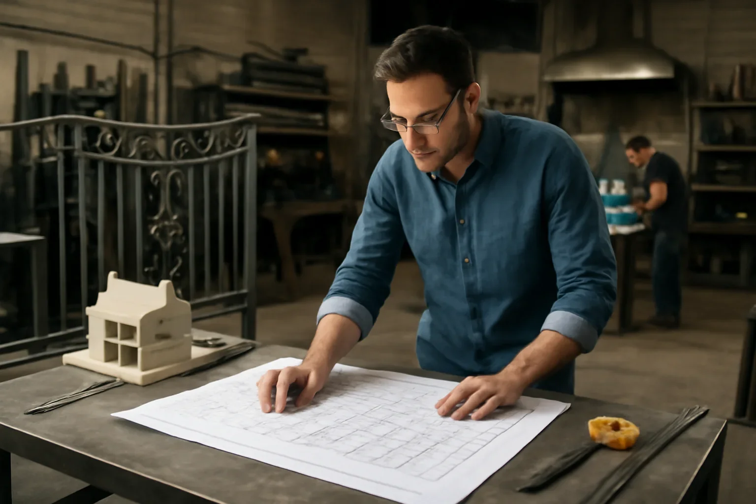 Residential project planning at a custom metal fabrication shop