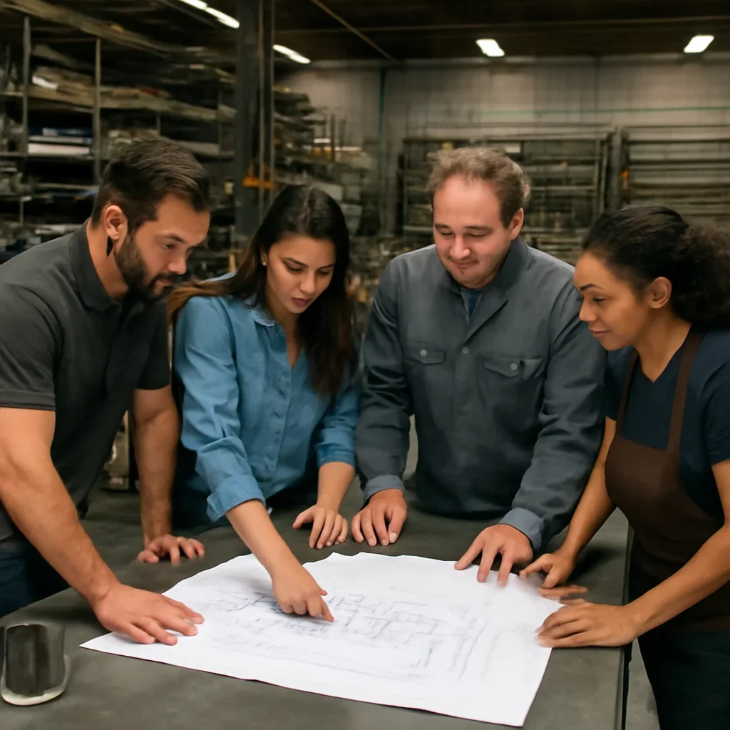 Team reviewing drawings for restaurants & foodservice at a fabrication workspace