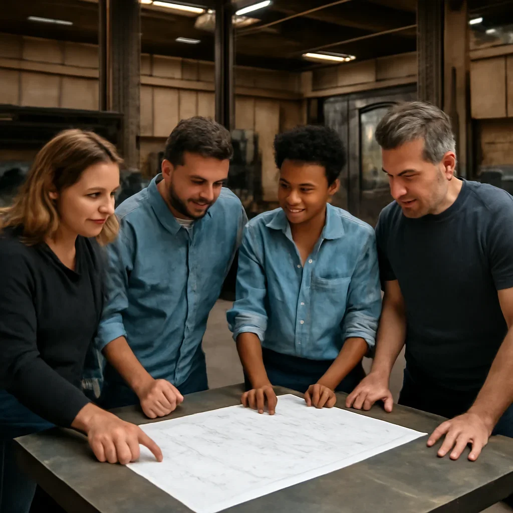 Team reviewing drawings for retail & hospitality at a fabrication workspace