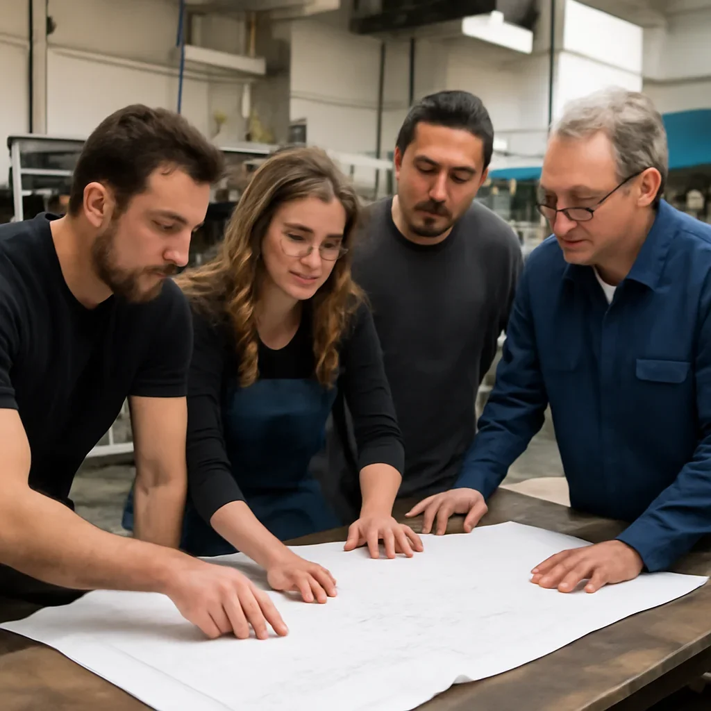 Team reviewing drawings for autocad & dxf files at a fabrication workspace