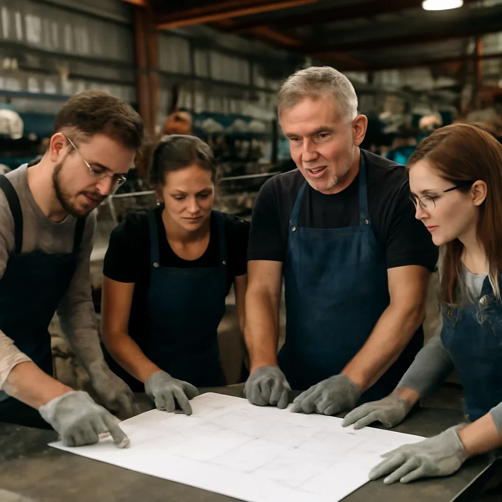 Team reviewing drawings for integrations at a fabrication workspace