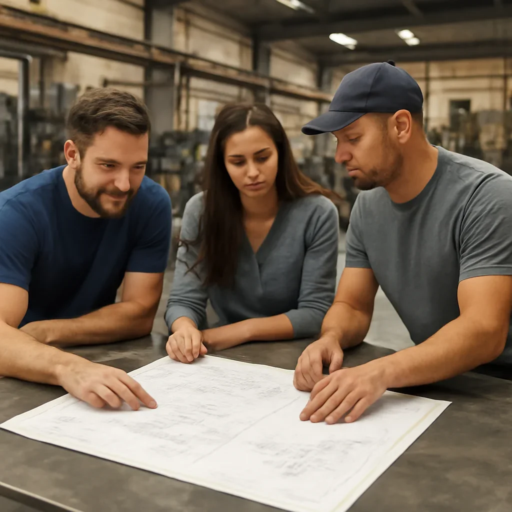 Team reviewing drawings for pdf shop drawings at a fabrication workspace