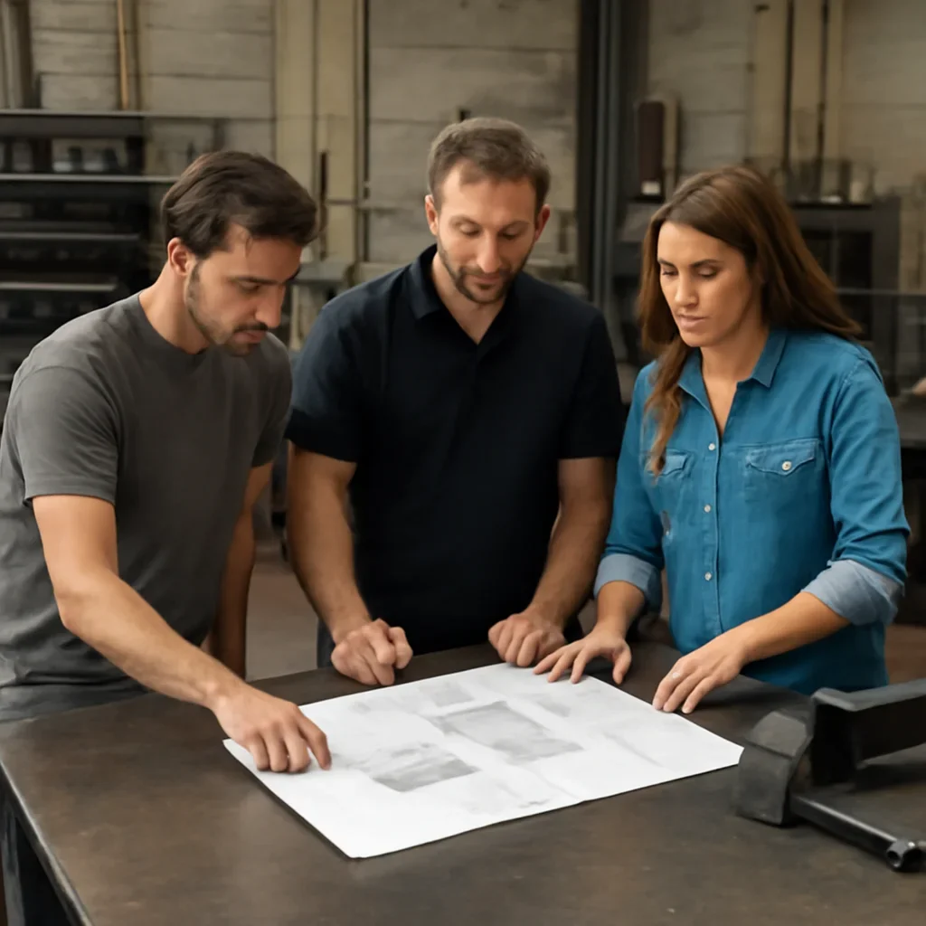 Team reviewing drawings for solidworks & step files at a fabrication workspace