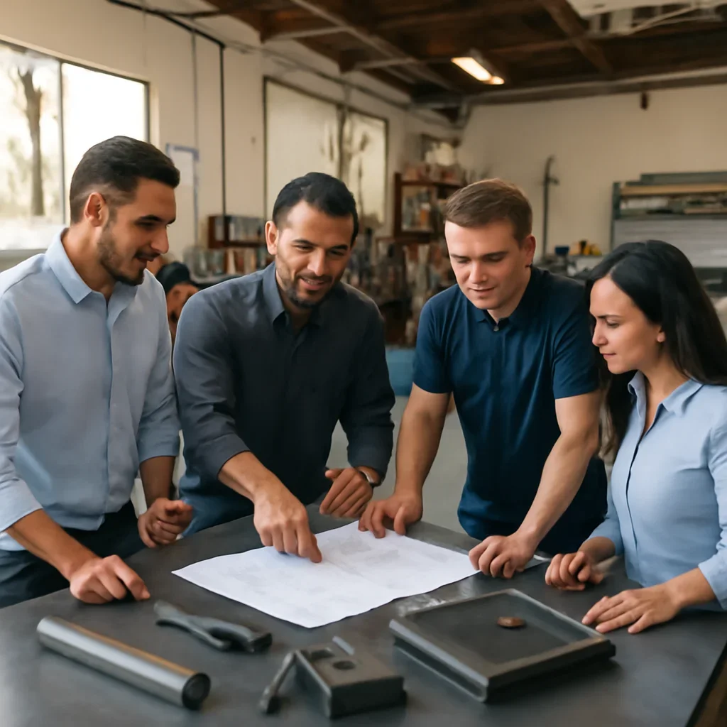 Project planning meeting for custom metal fabrication in Valencia, CA