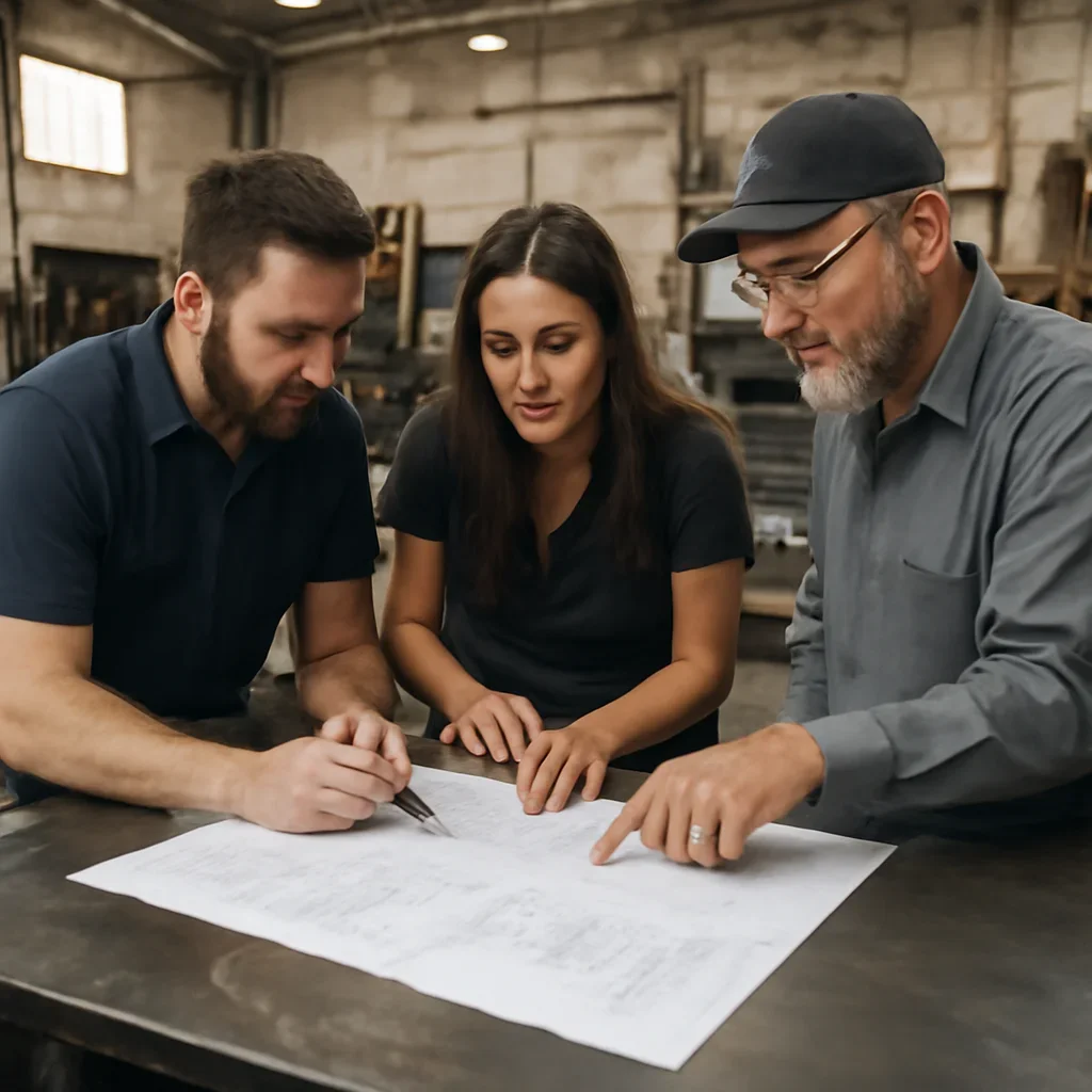Team reviewing drawings for pricing at a fabrication workspace