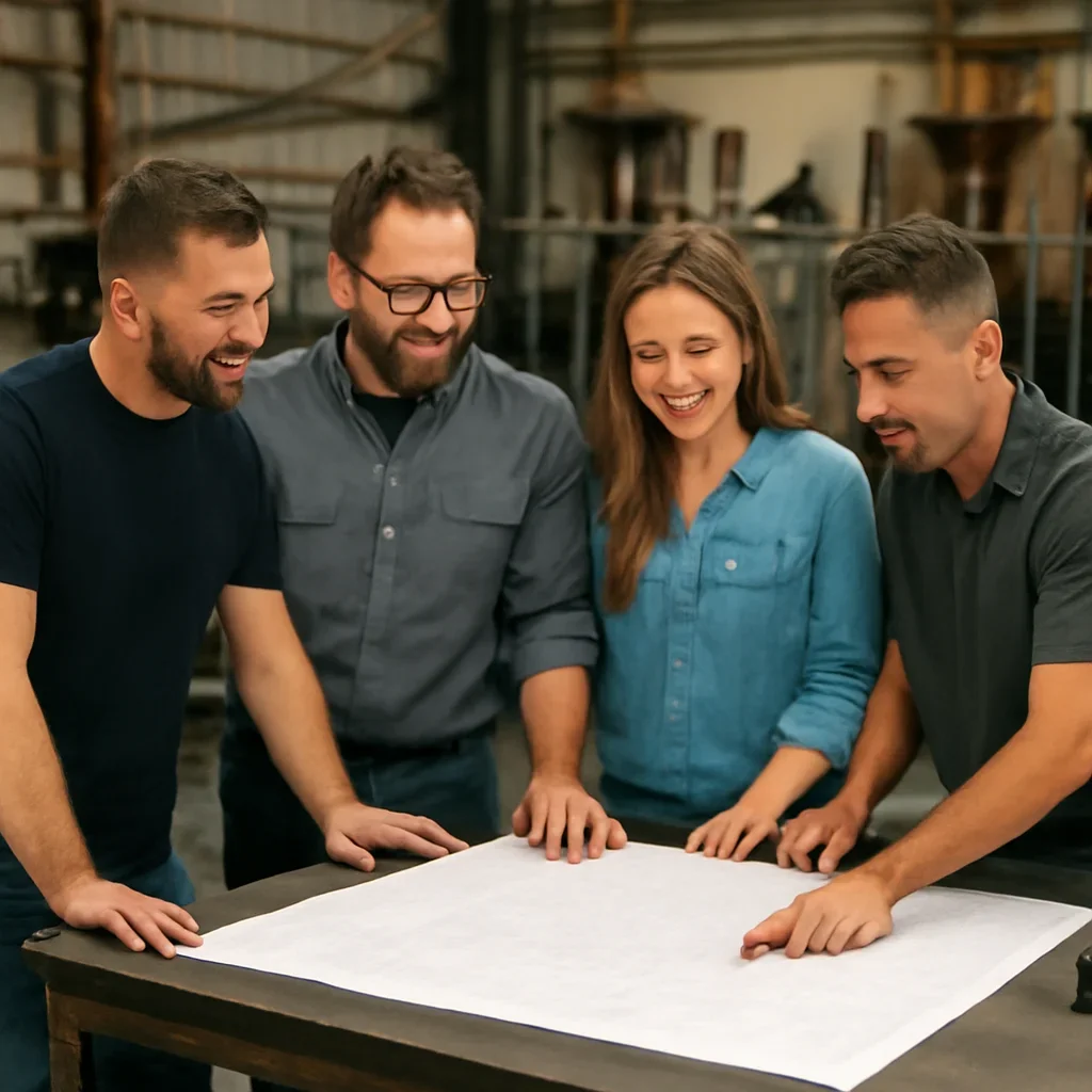 Team reviewing drawings for request a quote at a fabrication workspace