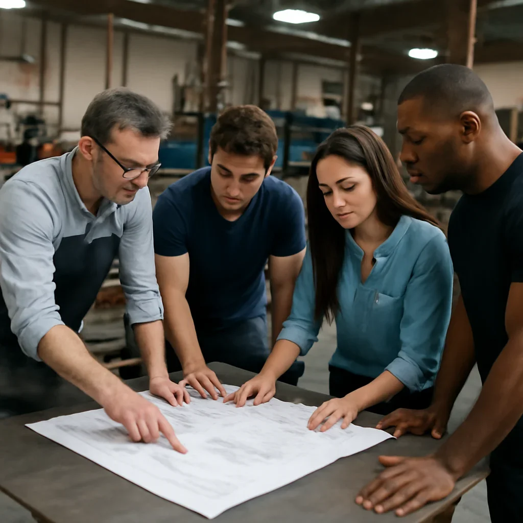Team reviewing drawings for reviews at a fabrication workspace