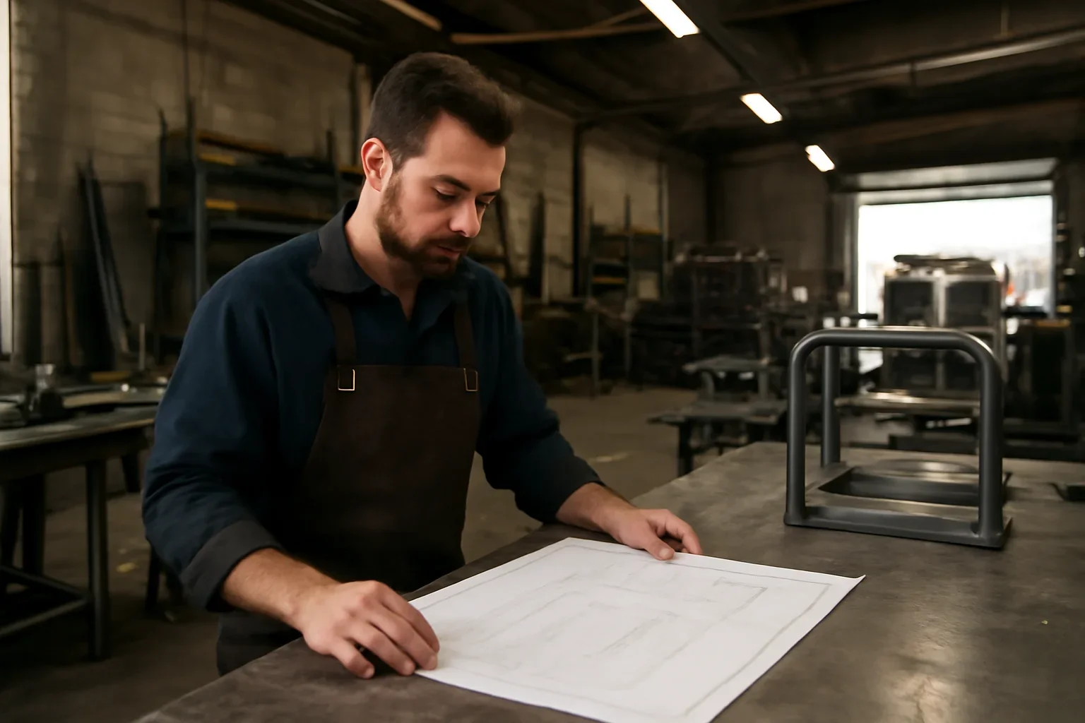 Reviews project planning at a custom metal fabrication shop