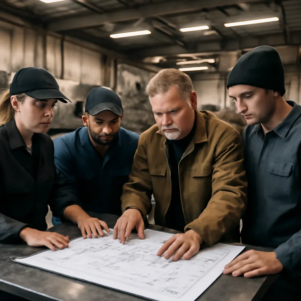 Team reviewing drawings for service area at a fabrication workspace