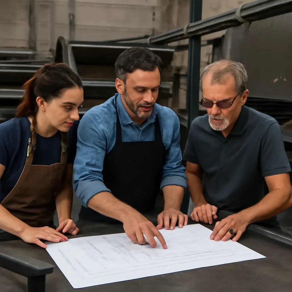 Team reviewing drawings for solutions at a fabrication workspace